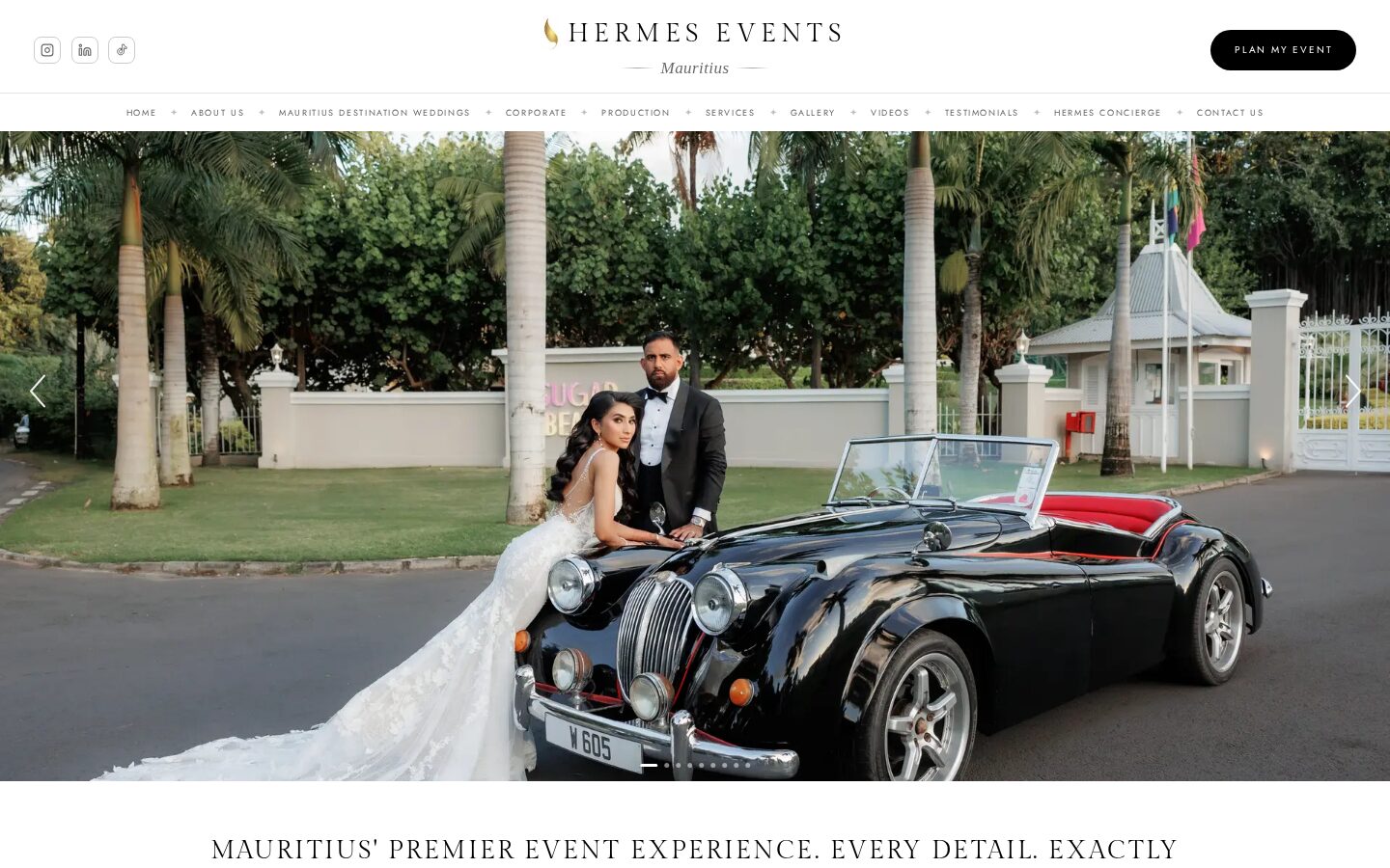 Hermes Events Mauritius website hero with wedding photography